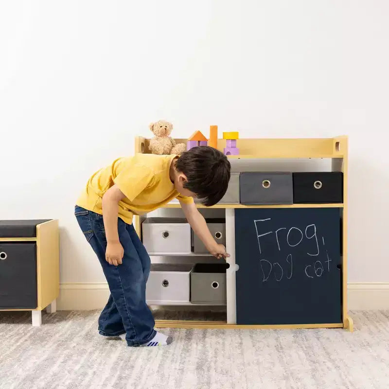 Kids' Organizer with Fabric Bins and Doodle Doors, Natural Wood, MDF Frame, 1 Shelf, Ages 2+, 34" W x 32" H