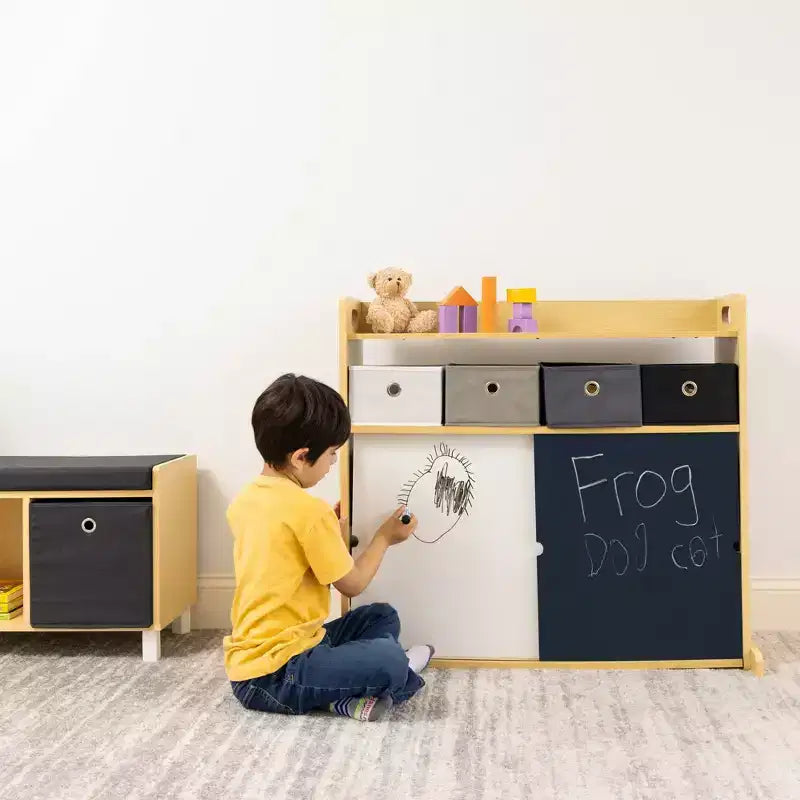 Kids' Organizer with Fabric Bins and Doodle Doors, Natural Wood, MDF Frame, 1 Shelf, Ages 2+, 34" W x 32" H