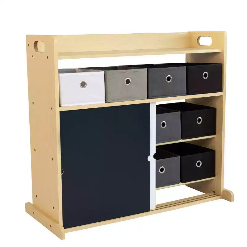 Kids' Organizer with Fabric Bins and Doodle Doors, Natural Wood, MDF Frame, 1 Shelf, Ages 2+, 34" W x 32" H