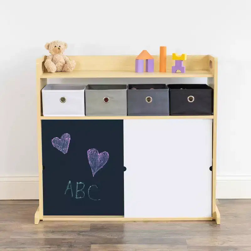 Kids' Organizer with Fabric Bins and Doodle Doors, Natural Wood, MDF Frame, 1 Shelf, Ages 2+, 34" W x 32" H
