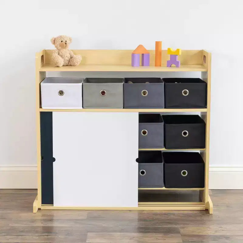 Kids' Organizer with Fabric Bins and Doodle Doors, Natural Wood, MDF Frame, 1 Shelf, Ages 2+, 34" W x 32" H