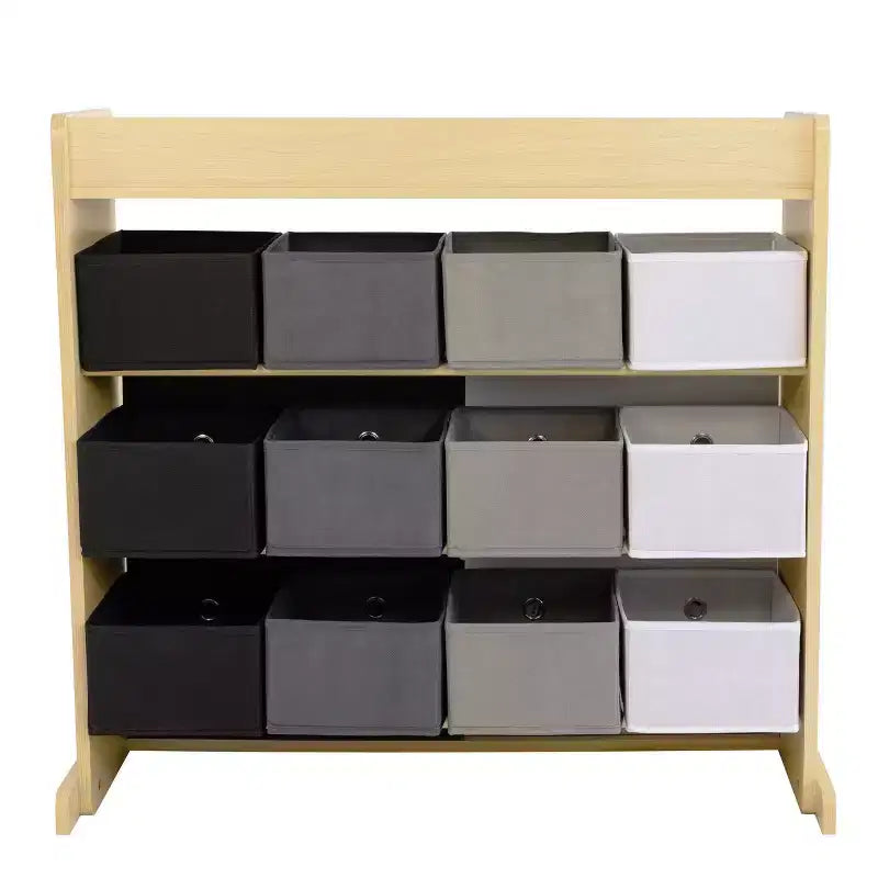 Kids' Organizer with Fabric Bins and Doodle Doors, Natural Wood, MDF Frame, 1 Shelf, Ages 2+, 34" W x 32" H