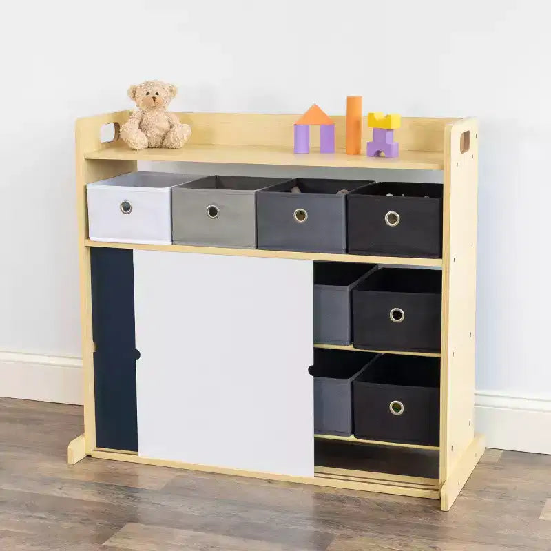 Kids' Organizer with Fabric Bins and Doodle Doors, Natural Wood, MDF Frame, 1 Shelf, Ages 2+, 34" W x 32" H