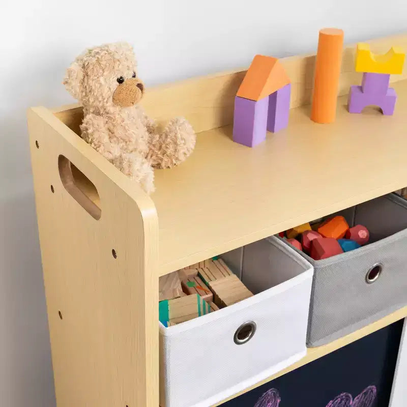 Kids' Organizer with Fabric Bins and Doodle Doors, Natural Wood, MDF Frame, 1 Shelf, Ages 2+, 34" W x 32" H