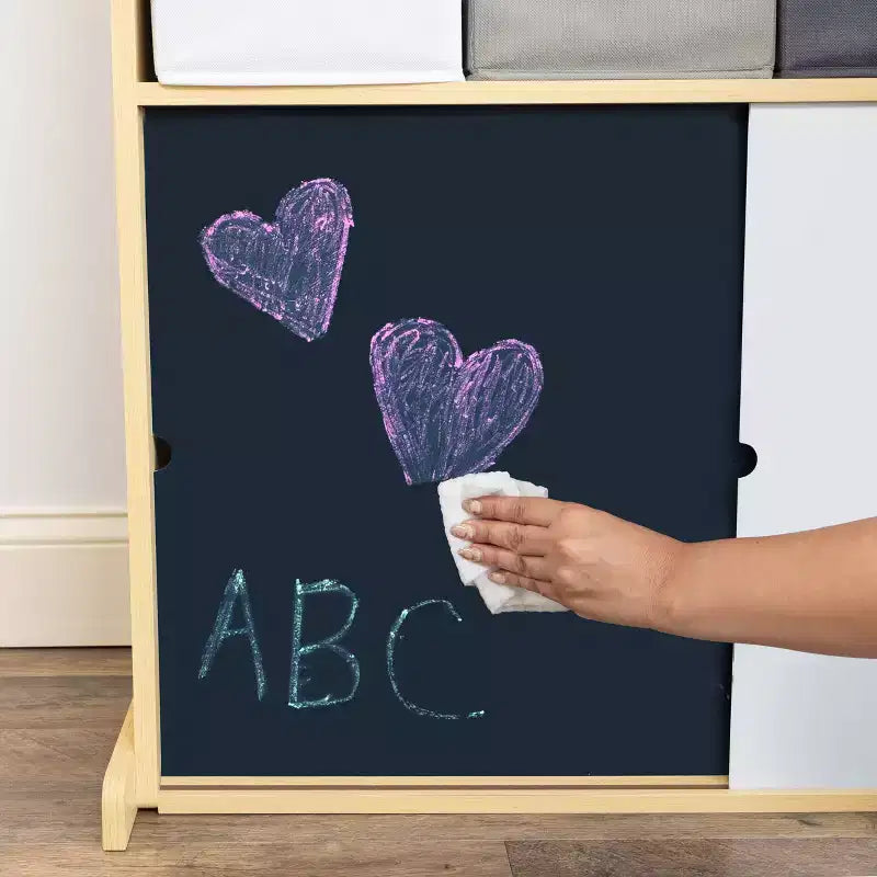 Kids' Organizer with Fabric Bins and Doodle Doors, Natural Wood, MDF Frame, 1 Shelf, Ages 2+, 34" W x 32" H