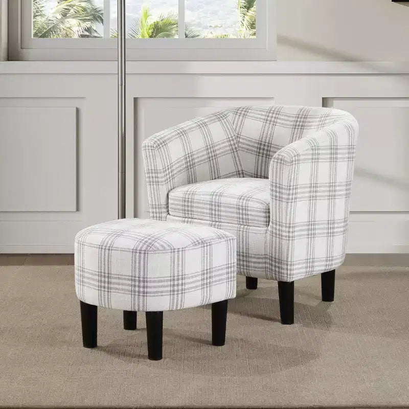 Churchill Accent Chair with Ottoman in Gray Plaid