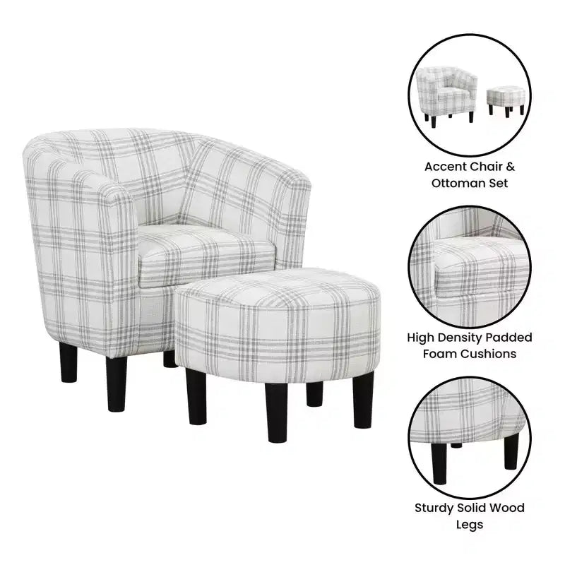 Churchill Accent Chair with Ottoman in Gray Plaid