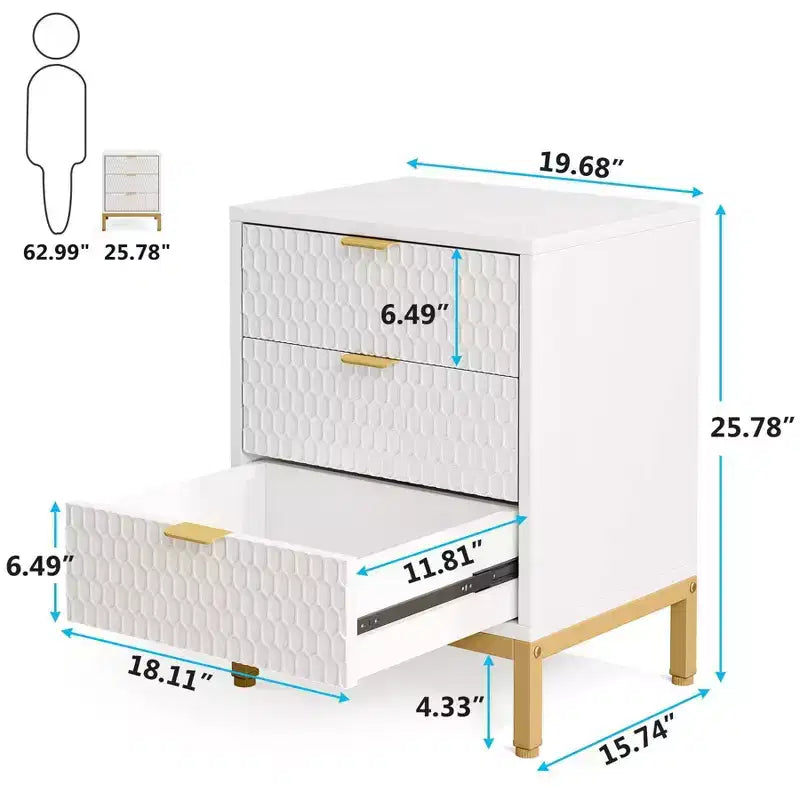 3 Drawer Modern Nightstand with Storage Drawers, White