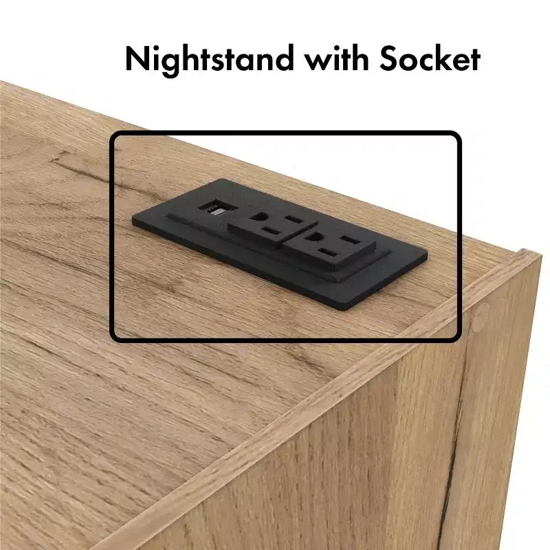Nightstand Modern 1 Drawer with Power Ports Light Oak