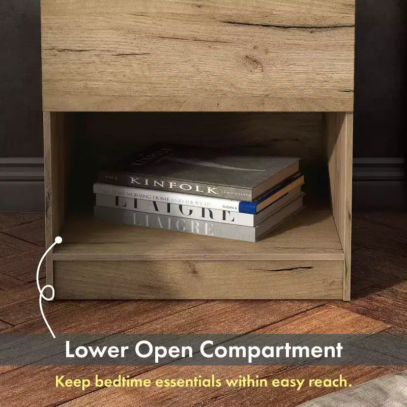 Nightstand Modern 1 Drawer with Power Ports Light Oak