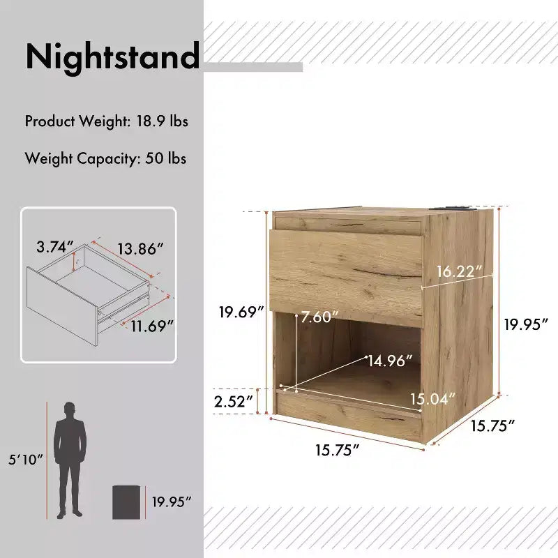 Nightstand Modern 1 Drawer with Power Ports Light Oak