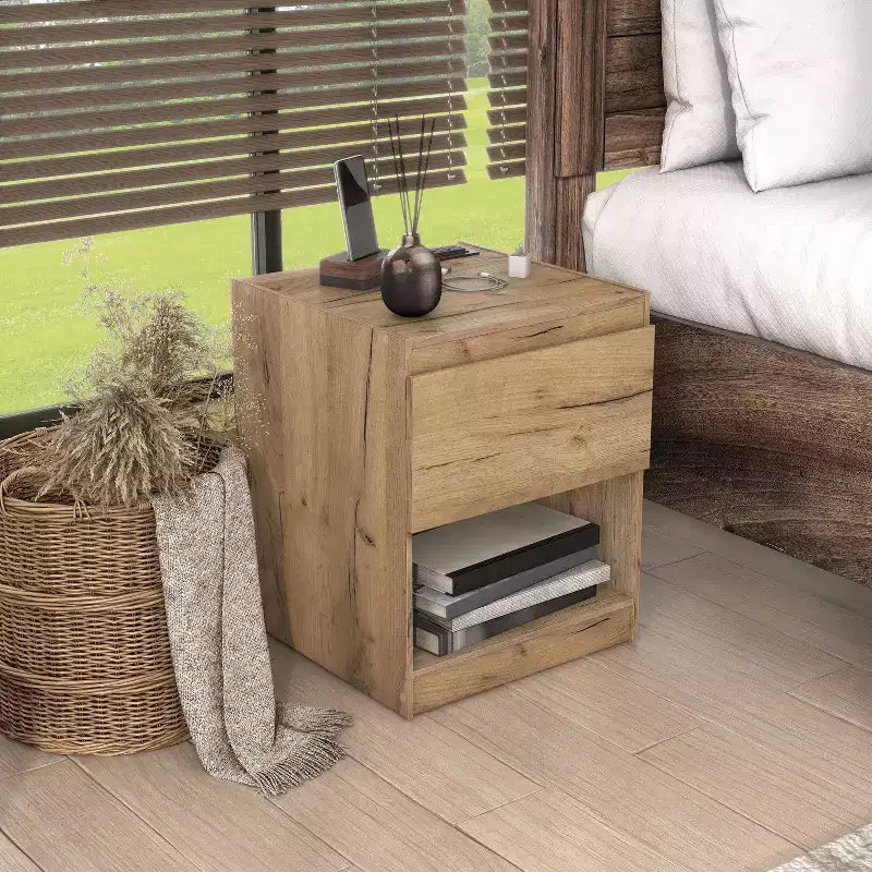 Nightstand Modern 1 Drawer with Power Ports Light Oak