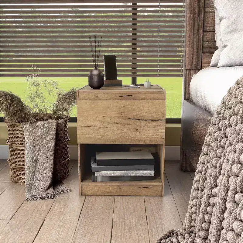 Nightstand Modern 1 Drawer with Power Ports Light Oak
