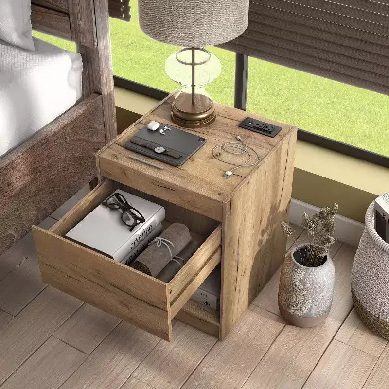 Nightstand Modern 1 Drawer with Power Ports Light Oak