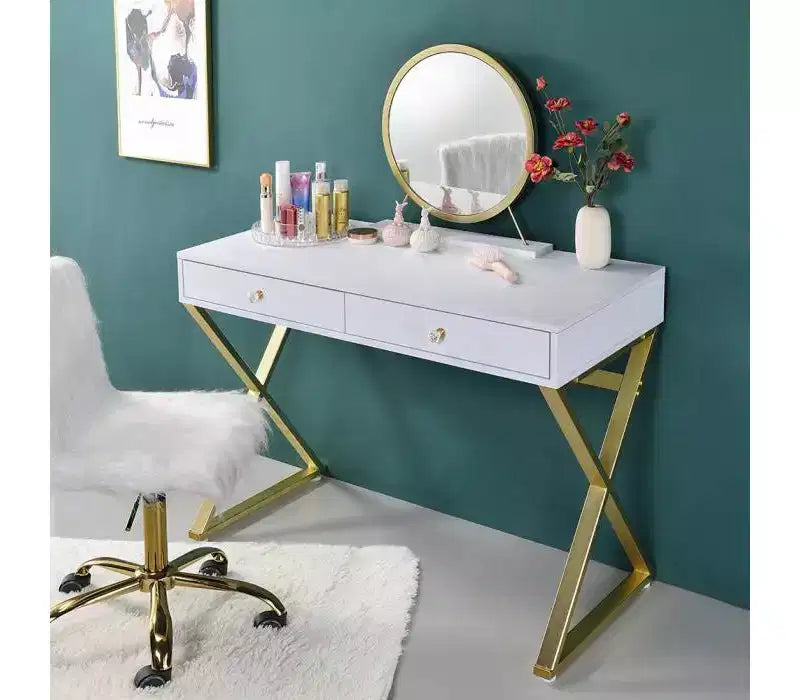 Vanity Table with Mirror & Jewelry Tray White/Gold Finish