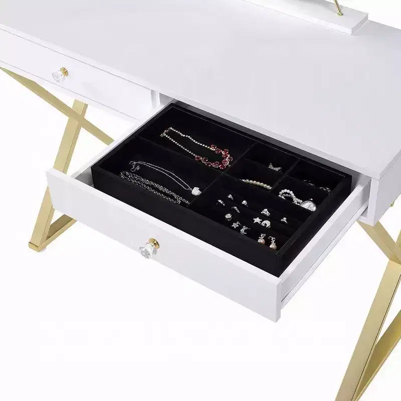 Vanity Table with Mirror & Jewelry Tray White/Gold Finish