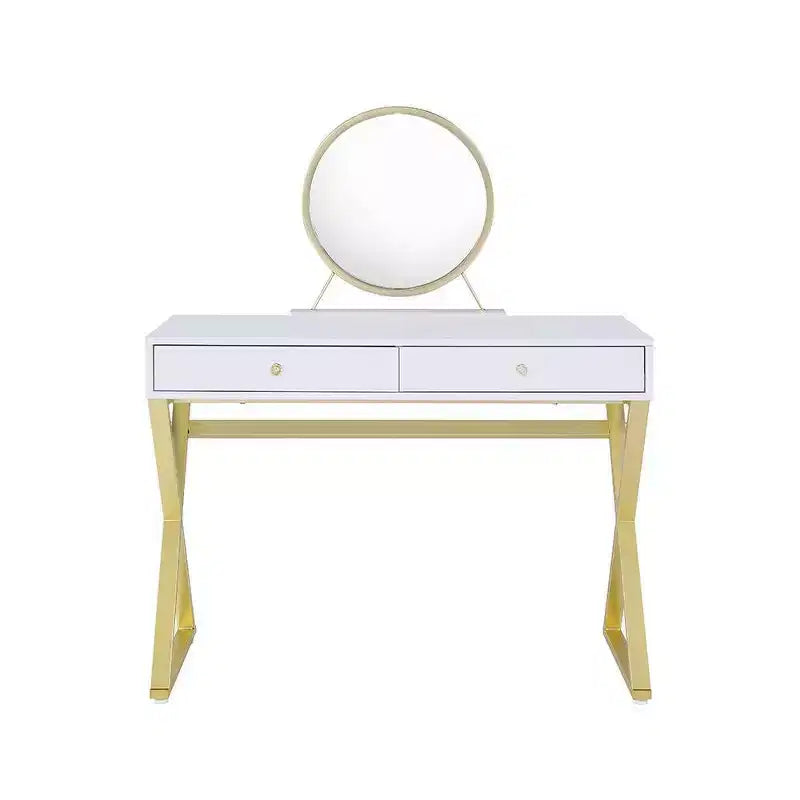 Vanity Table with Mirror & Jewelry Tray White/Gold Finish