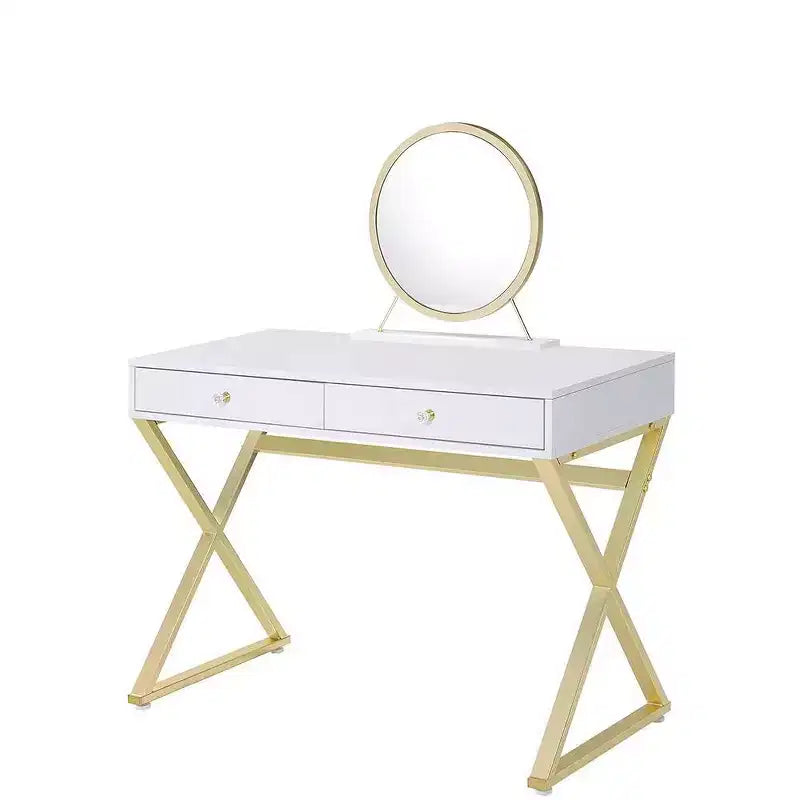 Vanity Table with Mirror & Jewelry Tray White/Gold Finish