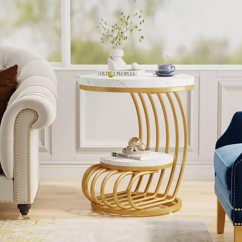 LITTLE TREE 2 Tier End Table White/Gold