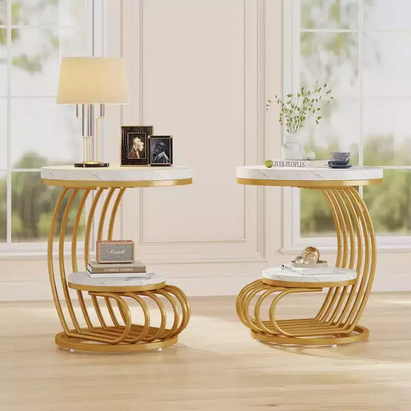 2-Tier End Table White/Gold