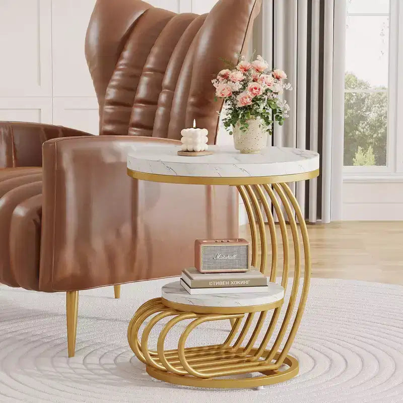2-Tier End Table White/Gold