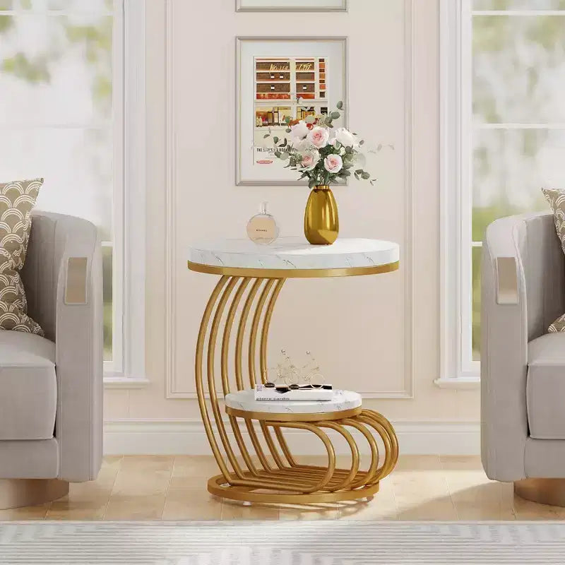 2-Tier End Table White/Gold