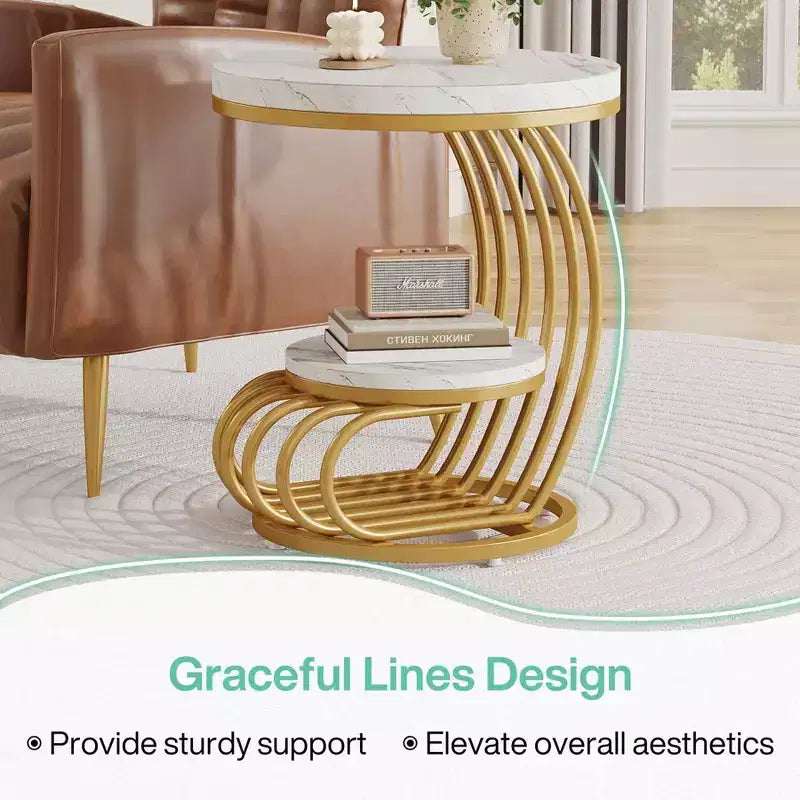2-Tier End Table White/Gold