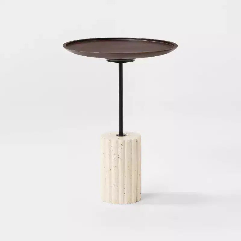 Round Side Table with Brown Top and Travertine Base - Threshold™ designed with Studio McGee