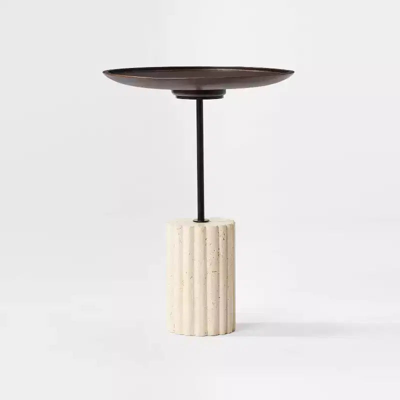 Round Side Table with Brown Top and Travertine Base