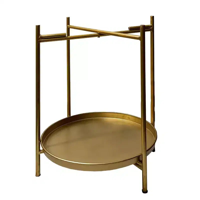 Round Side End Table with 2-Tier Iron Frame, Matte Gold