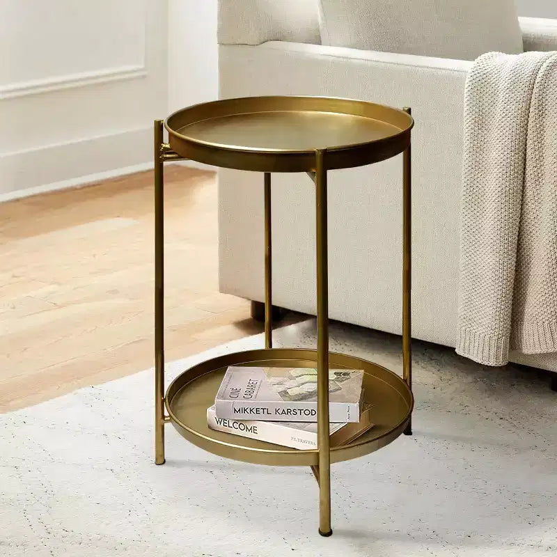 Round Side End Table with 2-Tier Iron Frame, Matte Gold