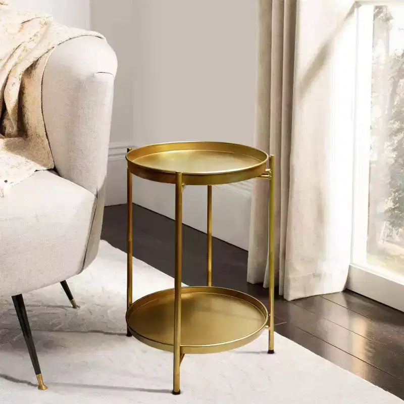 Round Side End Table with 2-Tier Iron Frame, Matte Gold