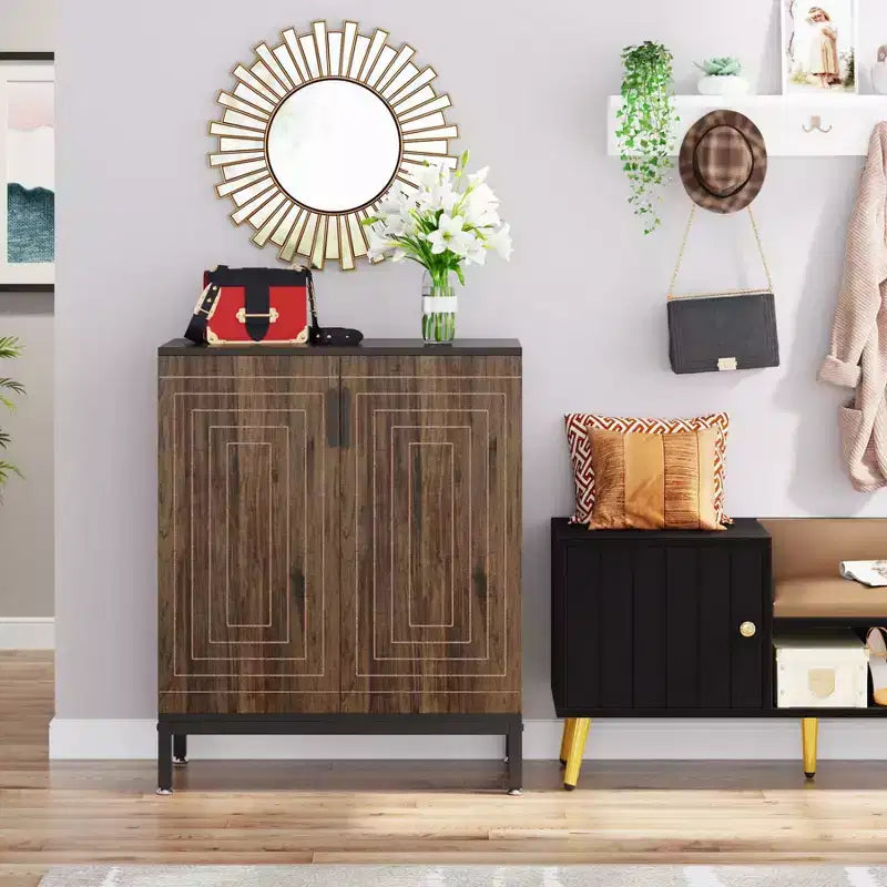 20 Pairs Entryway Shoe Storage Cabinet with Doors and Shelves, Rustic Brown