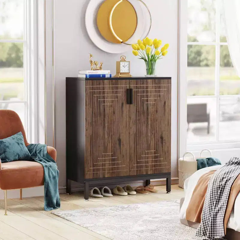 20 Pairs Entryway Shoe Storage Cabinet with Doors and Shelves, Rustic Brown