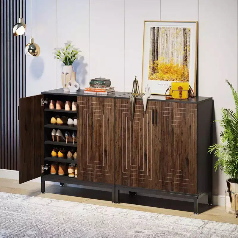 20 Pairs Entryway Shoe Storage Cabinet with Doors and Shelves, Rustic Brown