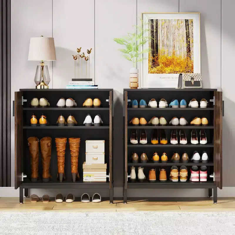 20 Pairs Entryway Shoe Storage Cabinet with Doors and Shelves, Rustic Brown