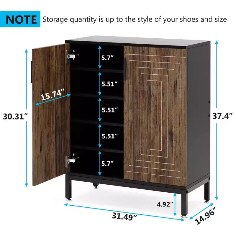 20 Pairs Entryway Shoe Storage Cabinet with Doors and Shelves, Rustic Brown