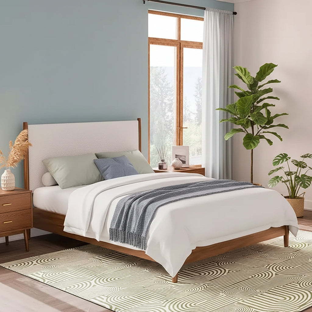 Queen Mid-Century Modern Platform Bed with Boucle Headboard
