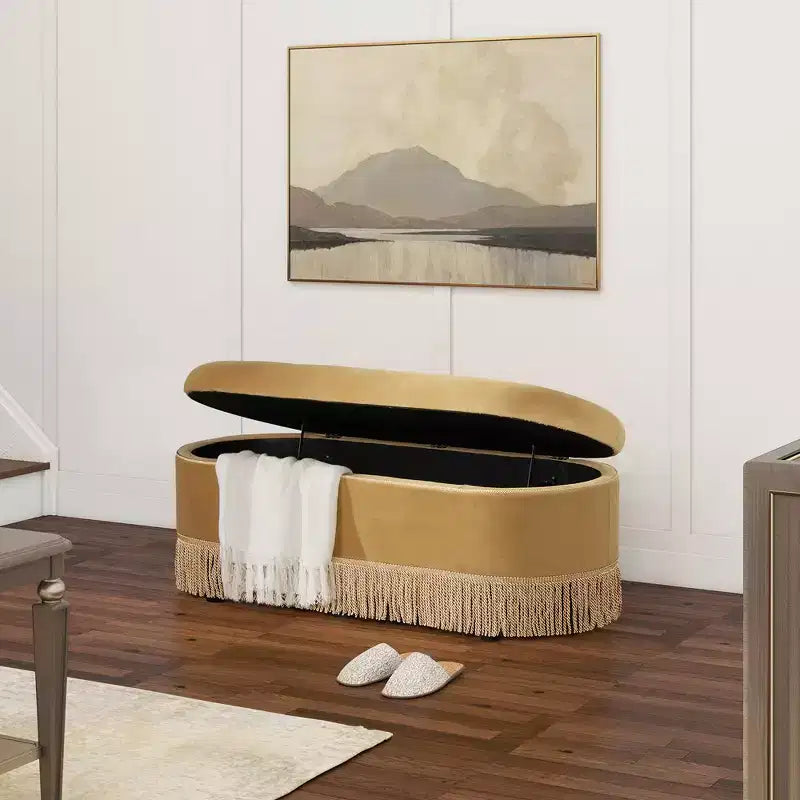 48.5" Oval Tufted Bullion Fringe Storage Bench