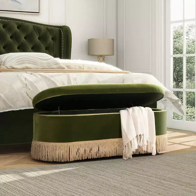 48.5" Oval Tufted Bullion Fringe Storage Bench