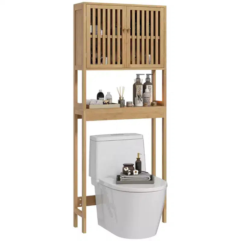 HOMCOM Bamboo Over the Toilet Storage Cabinet, Bathroom Space Saver Above Toilet with Double Slatted Doors, Adjustable Shelf and Open Shelf, Natural
