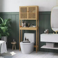 Bamboo Over the Toilet Storage Cabinet, Bathroom Space Saver with Double Slatted Doors, Adjustable Shelf and Open Shelf, Natural