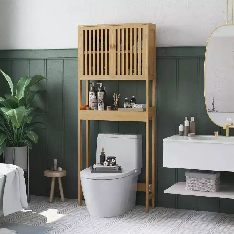 Bamboo Over the Toilet Storage Cabinet, Bathroom Space Saver with Double Slatted Doors, Adjustable Shelf and Open Shelf, Natural