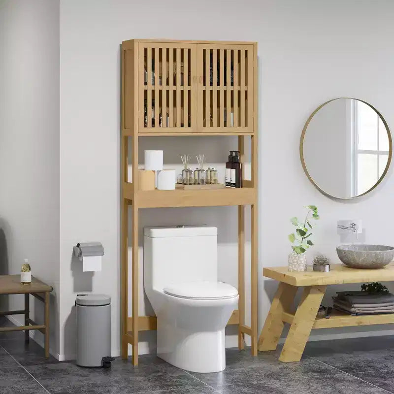 Bamboo Over the Toilet Storage Cabinet, Bathroom Space Saver with Double Slatted Doors, Adjustable Shelf and Open Shelf, Natural