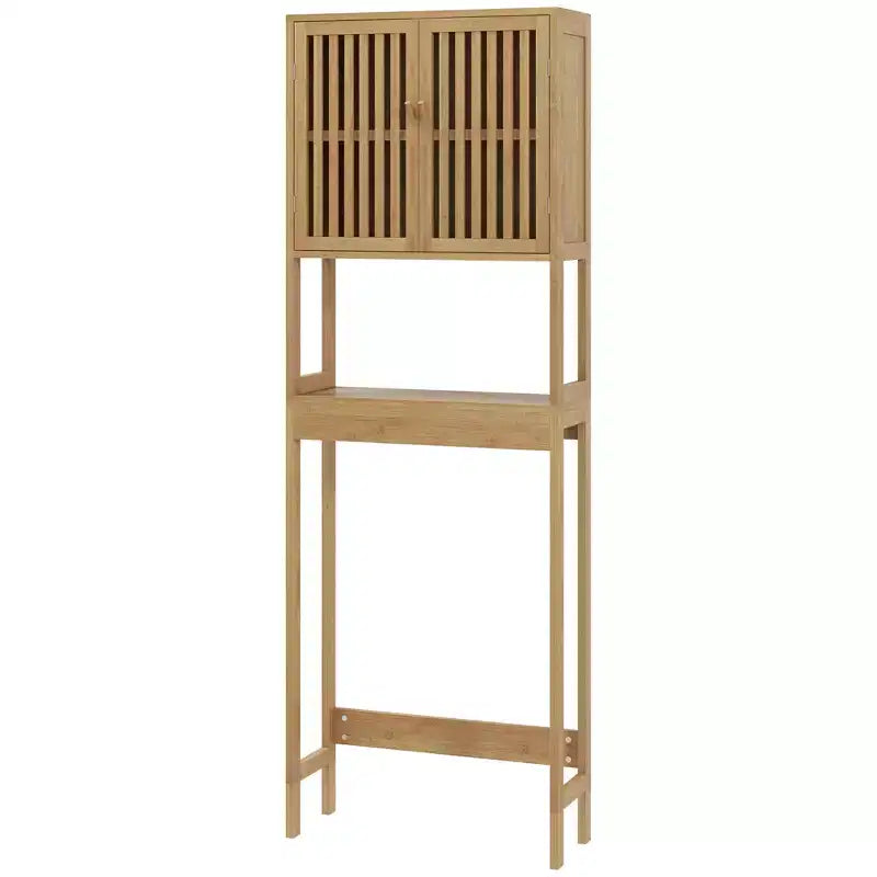 Bamboo Over the Toilet Storage Cabinet, Bathroom Space Saver with Double Slatted Doors, Adjustable Shelf and Open Shelf, Natural
