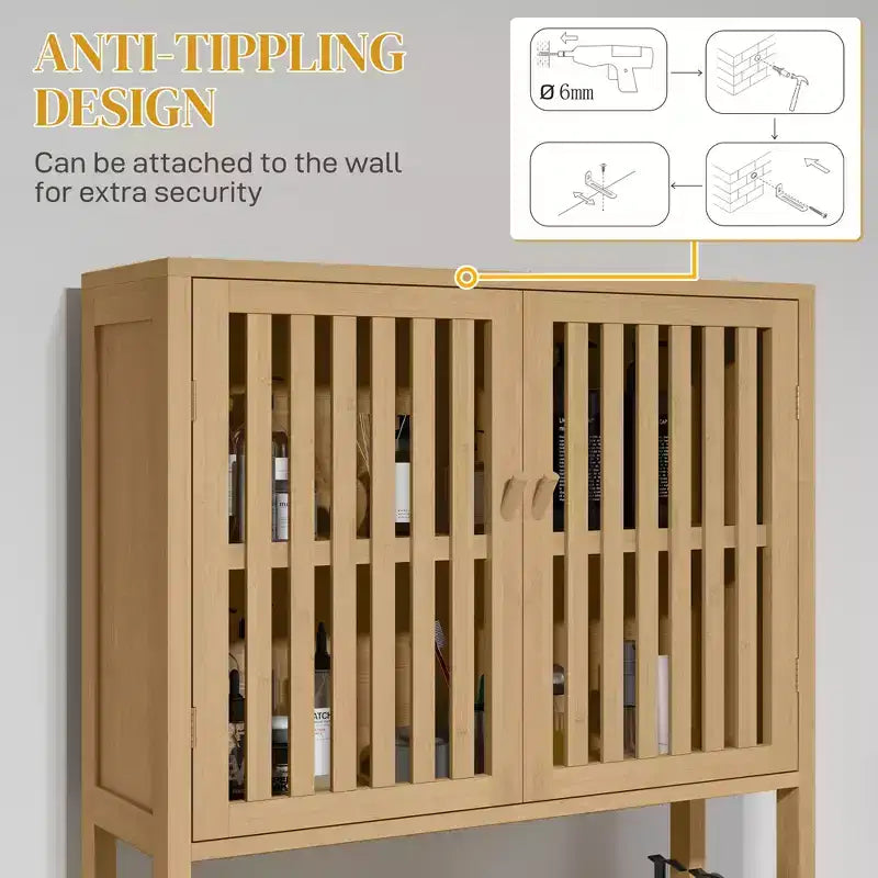 Bamboo Over the Toilet Storage Cabinet, Bathroom Space Saver with Double Slatted Doors, Adjustable Shelf and Open Shelf, Natural