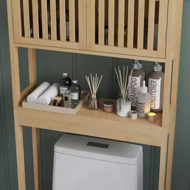 Bamboo Over the Toilet Storage Cabinet, Bathroom Space Saver with Double Slatted Doors, Adjustable Shelf and Open Shelf, Natural