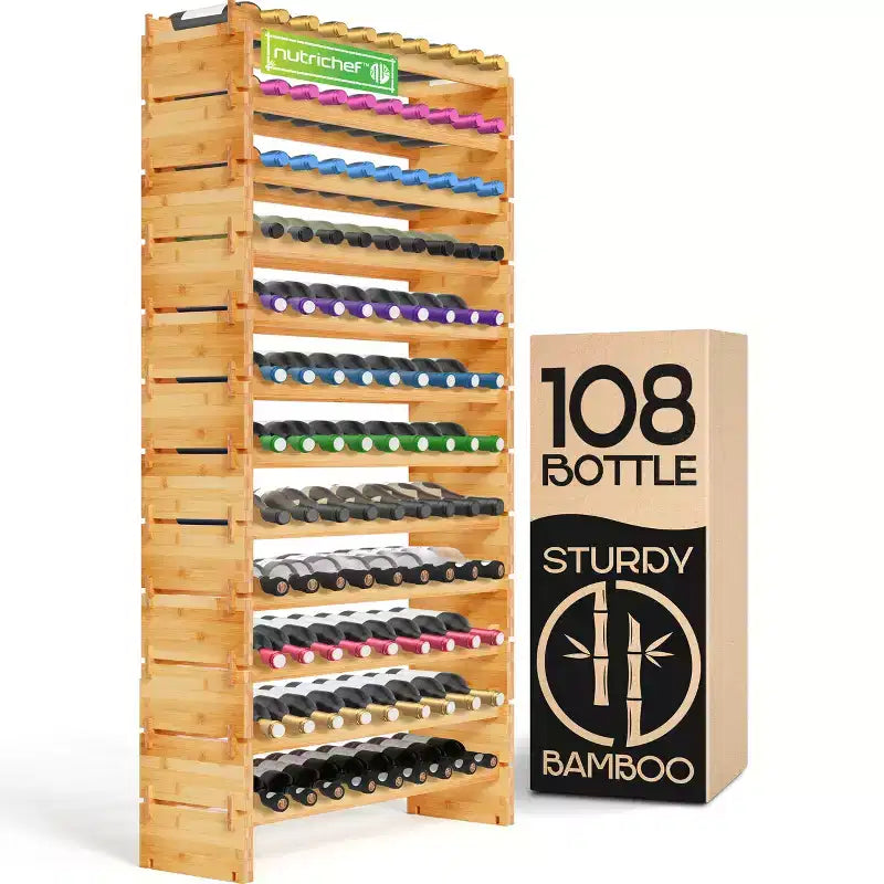 NutriChef 12-Tier Wine Shelf - 108 Bottle Capacity, Solid Bamboo Construction, Adjustable Shelves, Space-Saving Design (SLWMDSF960)