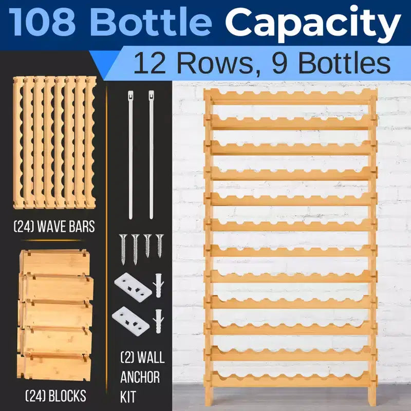 12-Tier Wine Shelf - 108 Bottle Capacity, Solid Bamboo, Adjustable Shelves