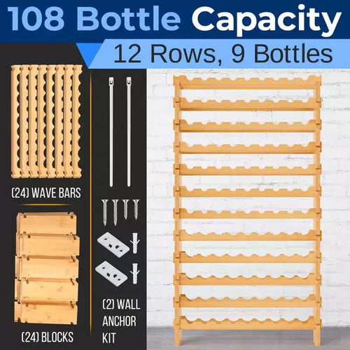 12-Tier Wine Shelf - 108 Bottle Capacity, Solid Bamboo, Adjustable Shelves
